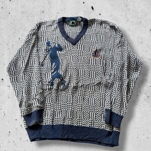 Vintage IZOD Mens V Neck Sweater Golf Jacquard‎ Navy White XL Preppy Old Money